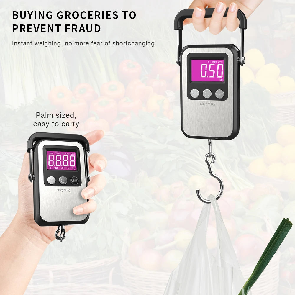 JUANJUAN 60kg/10g Portable Digital Hanging Scale LCD Rechargeable for Luggage & Fishing