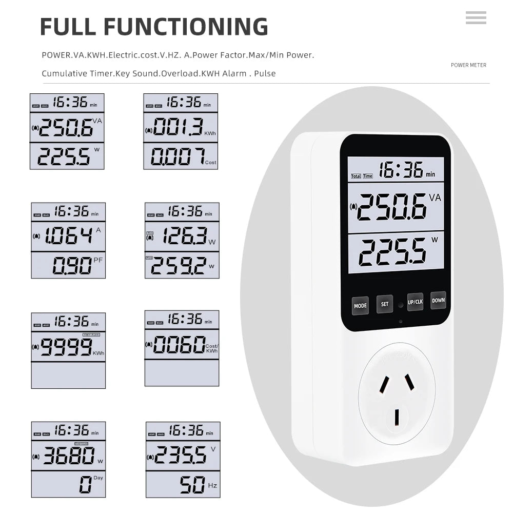 Digital Wattmeter AC Power Meter Socket Analyzer 220V EU Plug Energy Voltmeter Ammeter Electricity Cost Monitor
