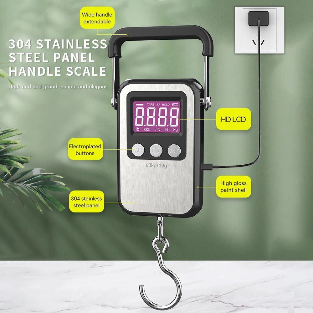 JUANJUAN 60kg/10g Portable Digital Hanging Scale LCD Rechargeable for Luggage & Fishing