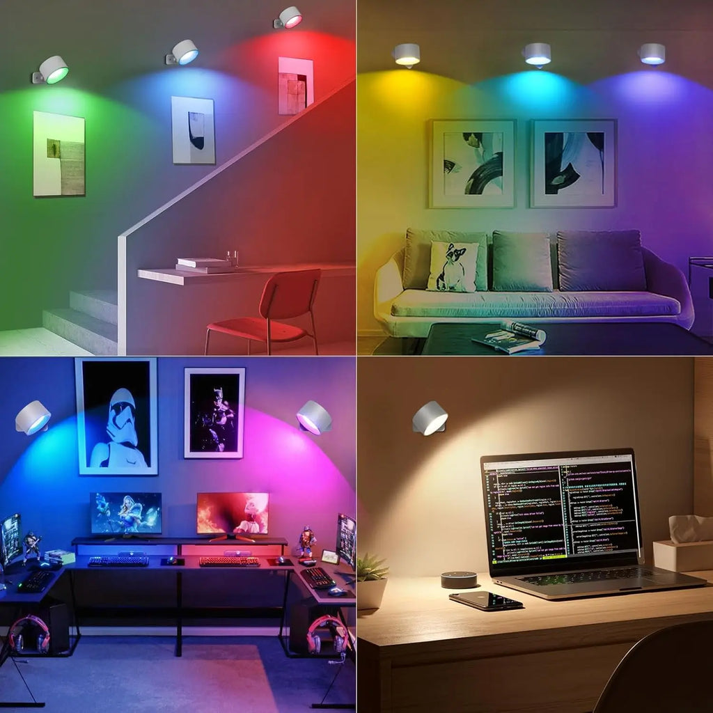 RGB Wall Lights with Remote, 19 Colors, 360° Rotation, 2000mAh Battery, Dimmable Touch Control for Bedroom