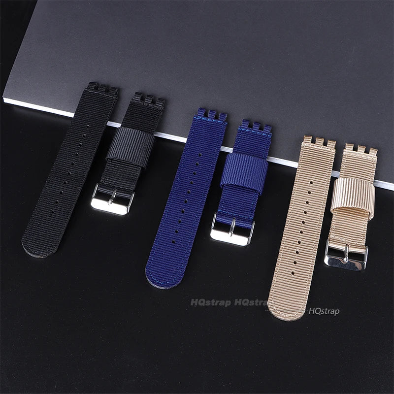 Nylon Canvas Watchband for Swatch 17mm 19mm 20mm Replacement Strap with Metal Pin Buckle