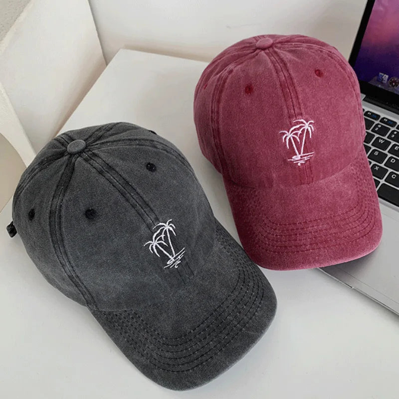 CowLost | unisex-washed-cotton-cap-coconut-tree-embroidery-vintage-baseball-cap |7