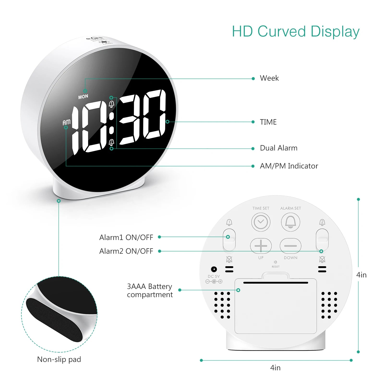 ORIA Digital LED Alarm Clock with Snooze Night Light USB Round Table Clock 3 Colors