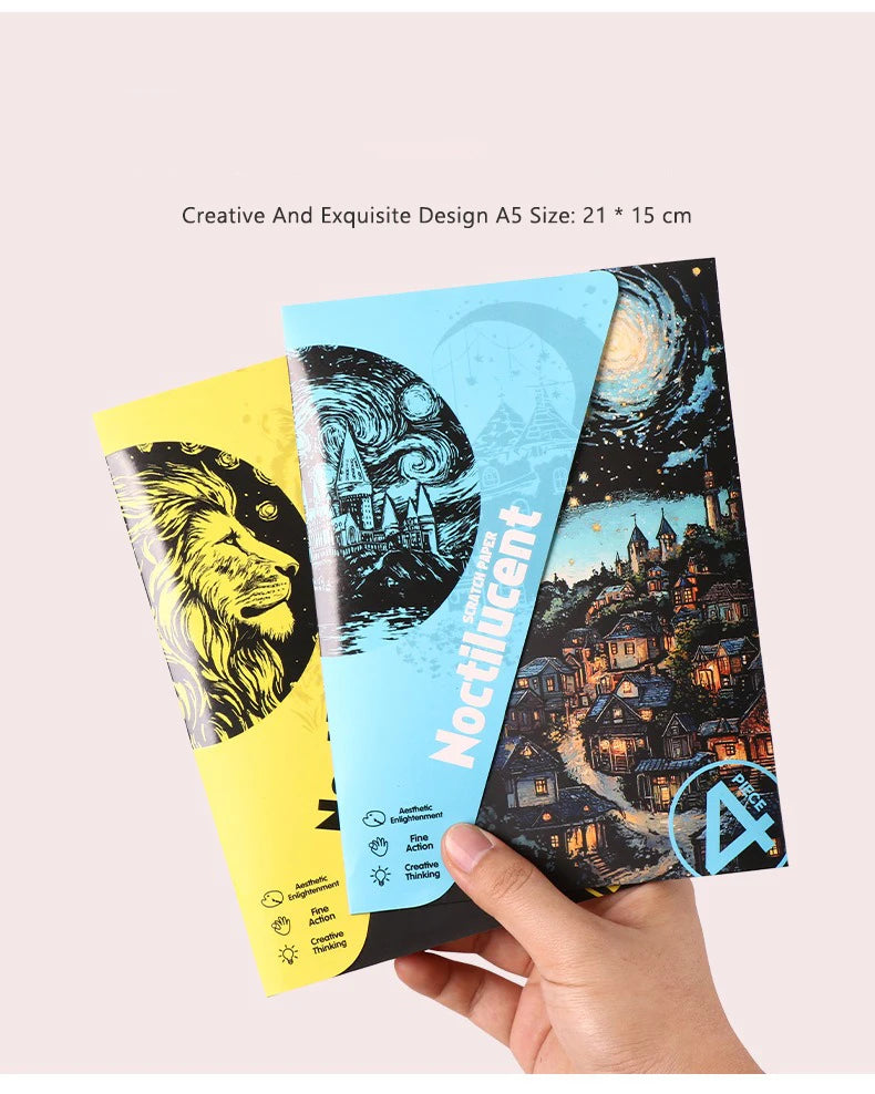 CowLost | product_id-4-pcs-a5-noctilucent-diy-scratch-painting-set-castle-landscape-animal-night-scenes |17