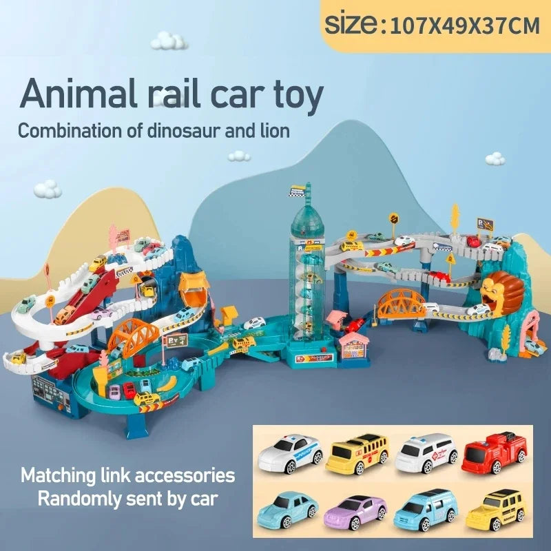Dinosaur Electric Rail Car Racing Toy Interactive Mechanical Parking Lot for Children