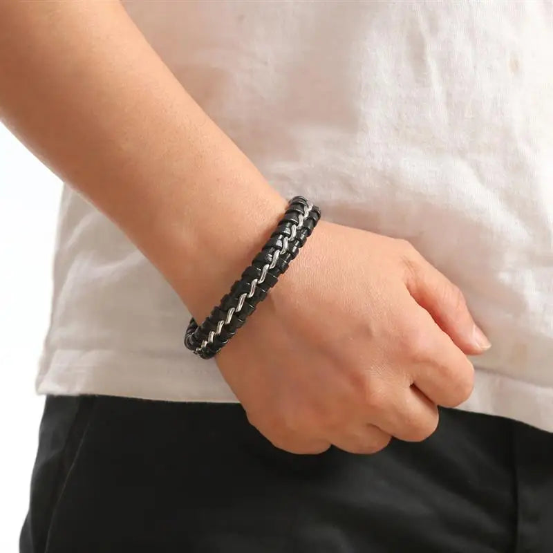 CowLost | jiayiqi-punk-men-jewelry-black-braided-leather-bracelet-stainless-steel-magnetic-clasp |25