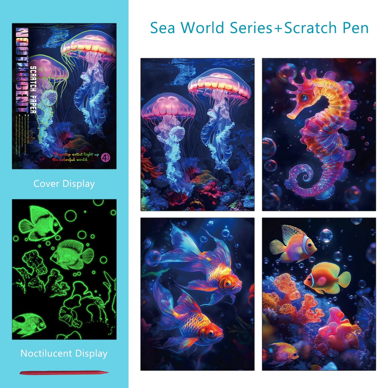 CowLost | product_id-4-piece-a4-diy-noctilucent-scratch-painting-set-sea-world-butterfly-peacock-whale-designs |13