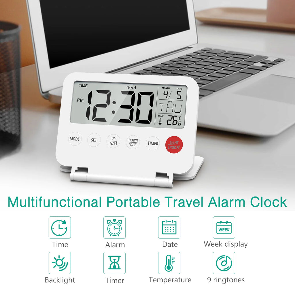 ORIA Digital Foldable LCD Alarm Clock with Calendar, Temperature, Timer – Battery Operated for Travel, Home, Office