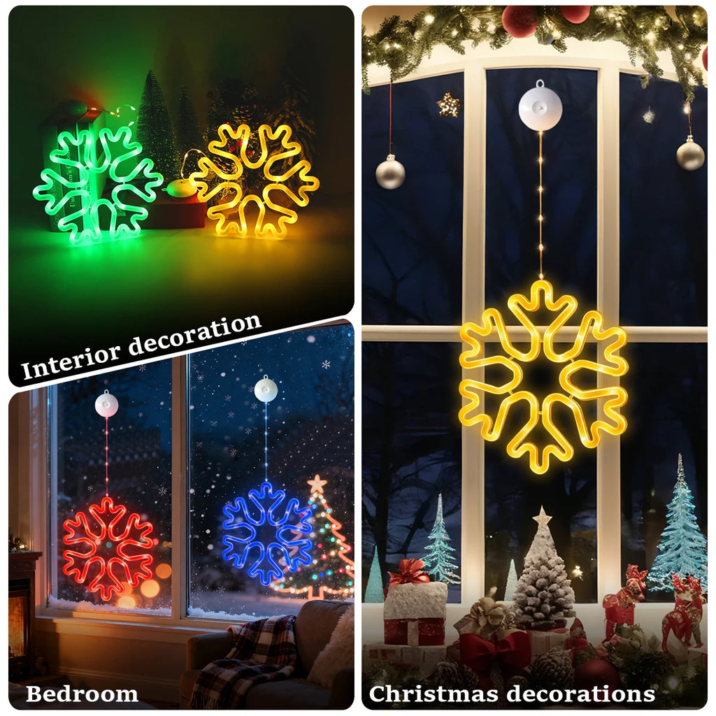 Warm Multi-Color Christmas Snowflake LED Window Lights, 8/12 Modes, Battery Powered Neon Hanging Lamp