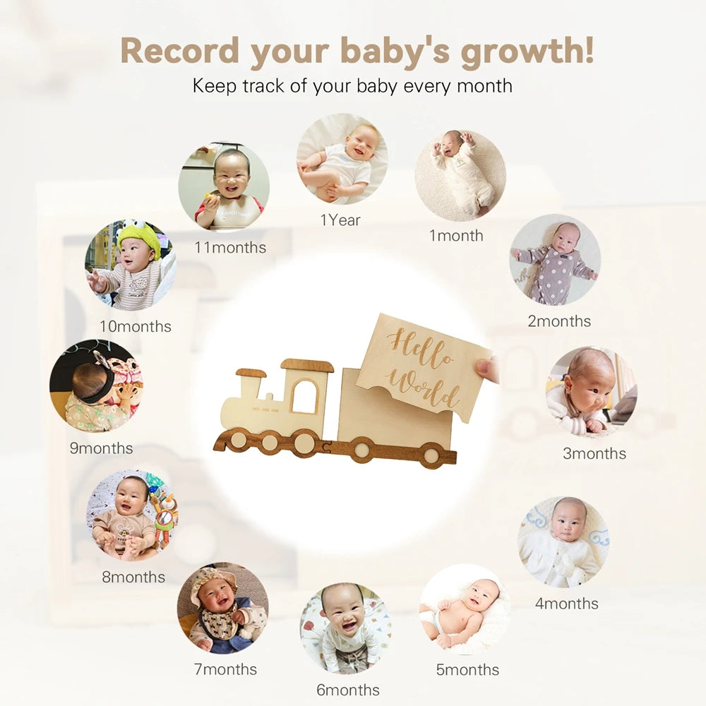 CowLost | baby-transport-accessories-wooden-baby-growth-milestone-cards-1-12-months-with-train-box-photo-props |3