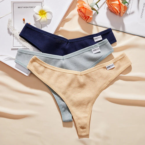 CowLost | activewear-pants-3pcs-cotton-waffle-women-s-sexy-thong-panties-set |2
