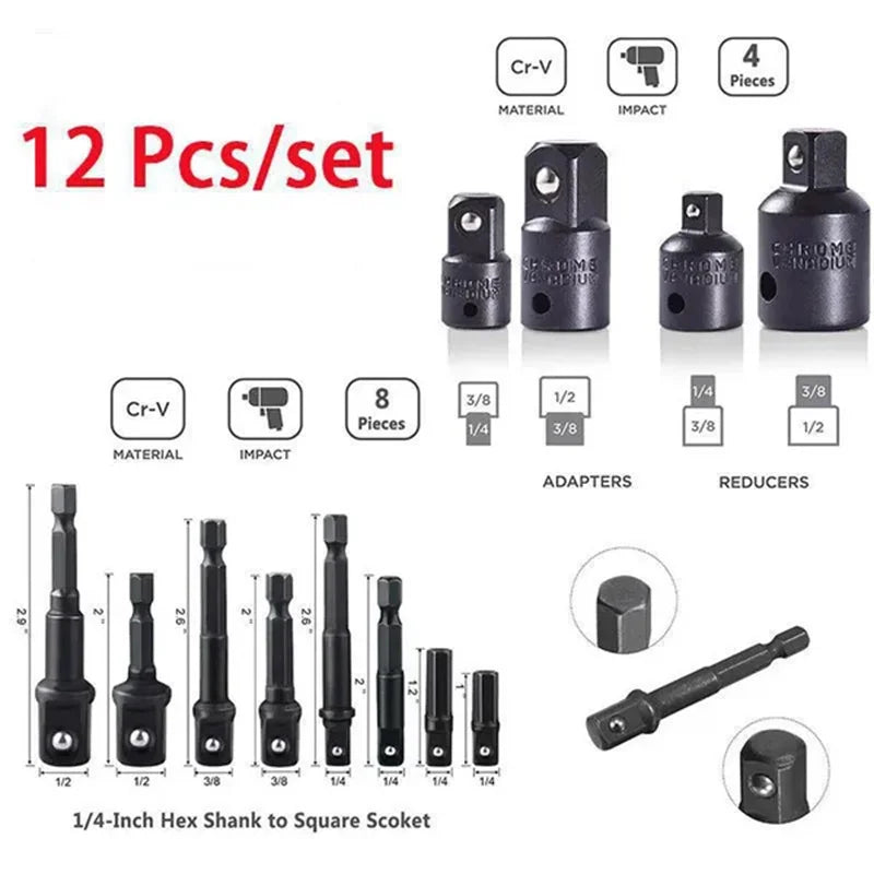 CowLost | 12pcs-impact-socket-adapter-set-25mm-73mm-1-4-hex-shank-extension-for-cordless-drill-quick-change-nut-driver-conversions |1