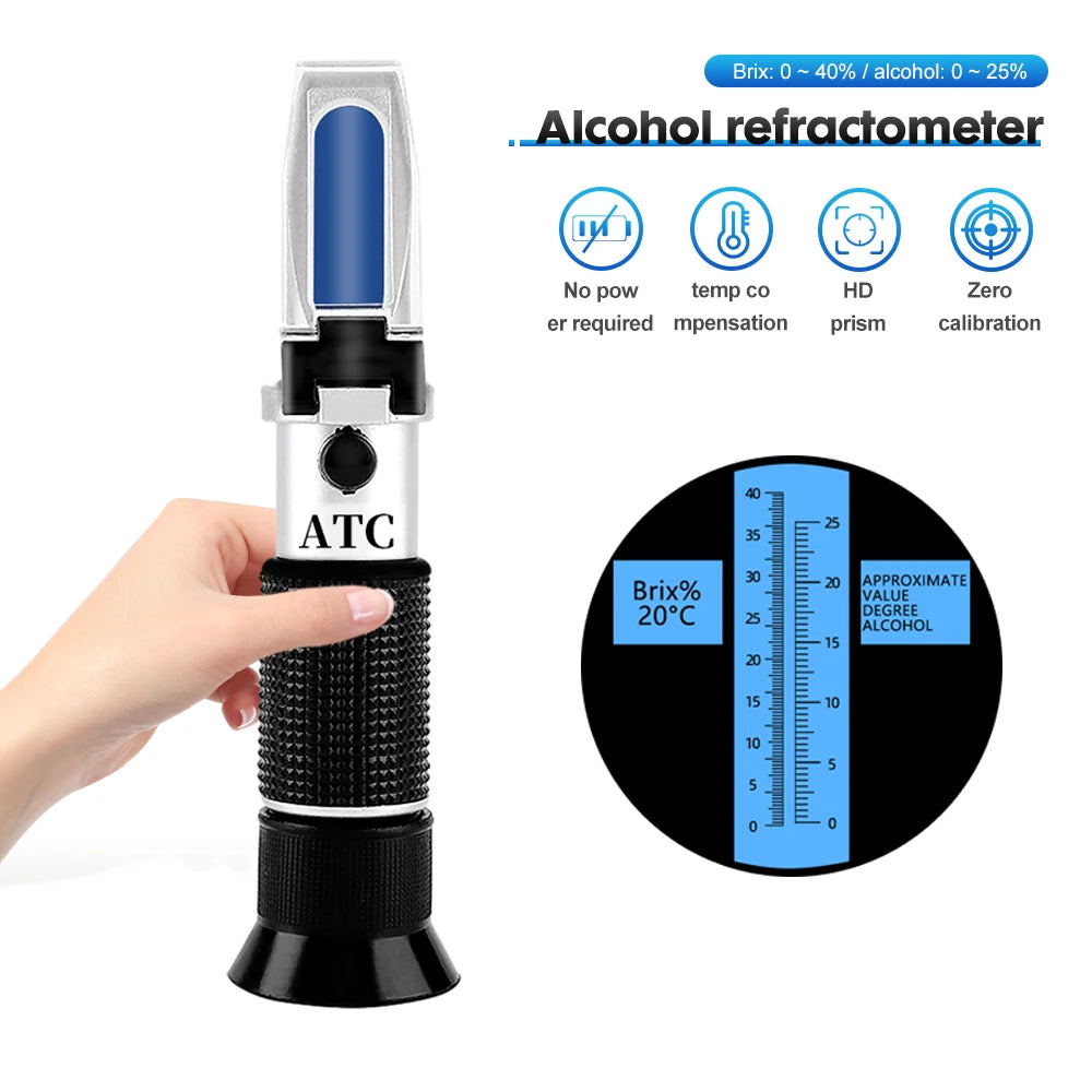 Handheld Alcohol & Sugar Refractometer Tester 0-25% Alcohol 0-40% Brix Wine Beer Meter