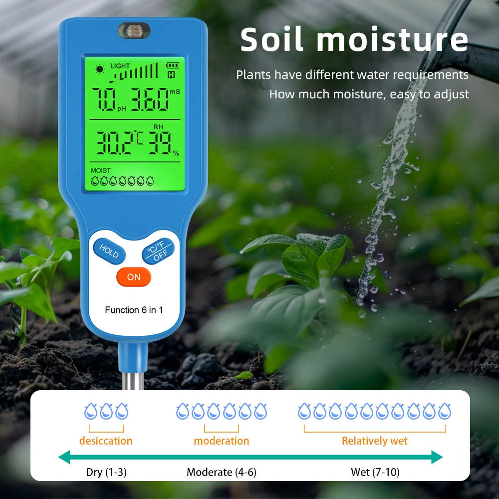 6-in-1 Soil Meter PH Moisture Temperature Light Humidity Fertility Tester LCD Rotate 90° for Garden Farm