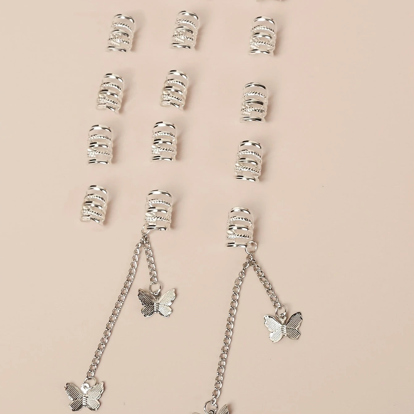 12pcs Hippie Style Butterfly Tassel Hair Beads and Rings for Girls