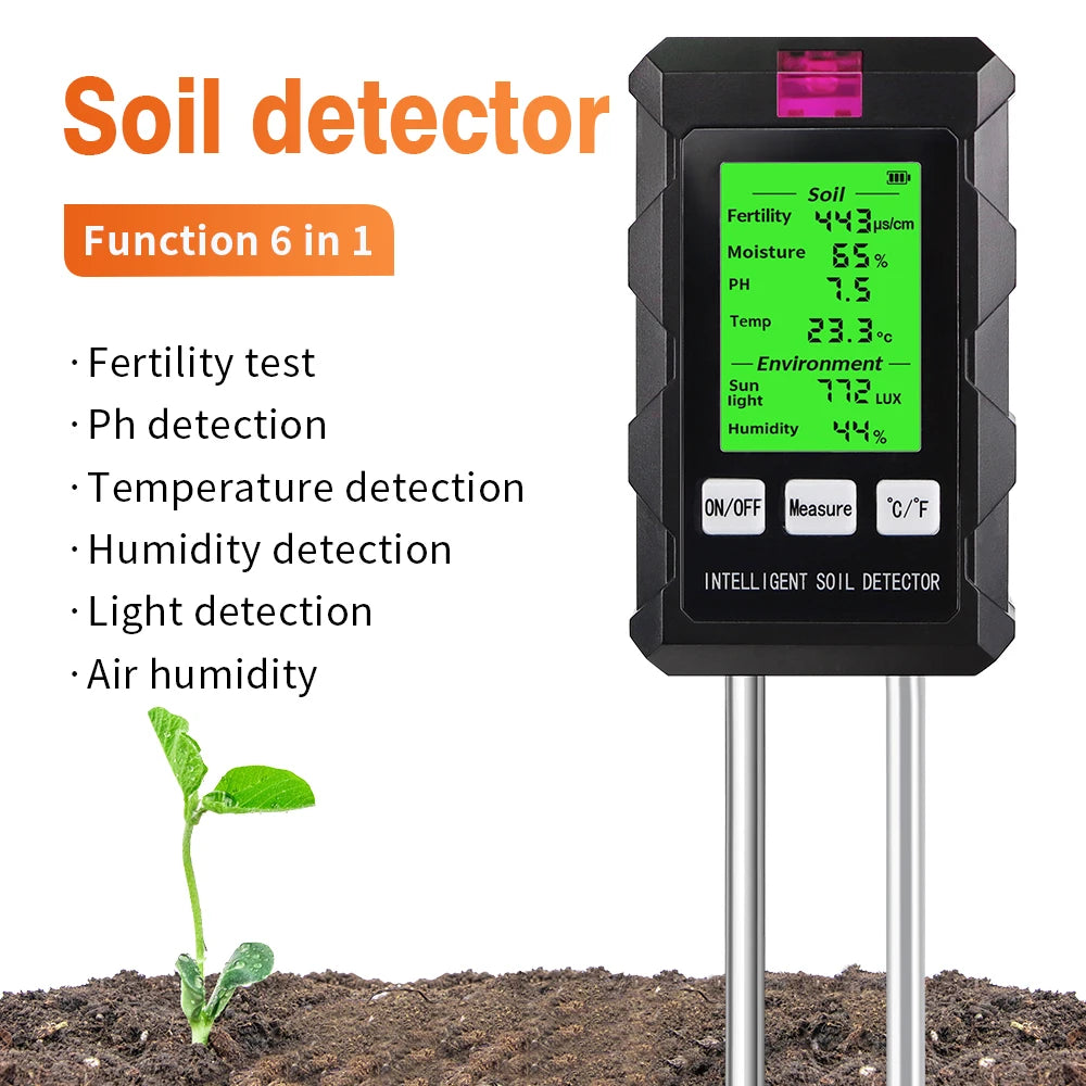 6-in-1 Soil Meter PH Moisture Fertility Temperature Humidity Light Tester for Garden