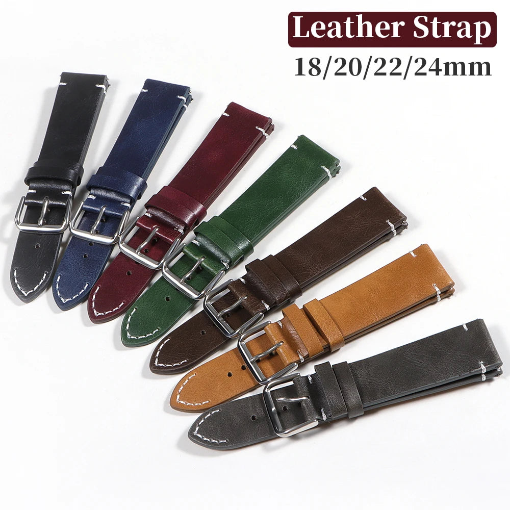 Vintage Genuine Cowhide Leather Watch Strap 18-24mm Quick Release Unisex Wristband
