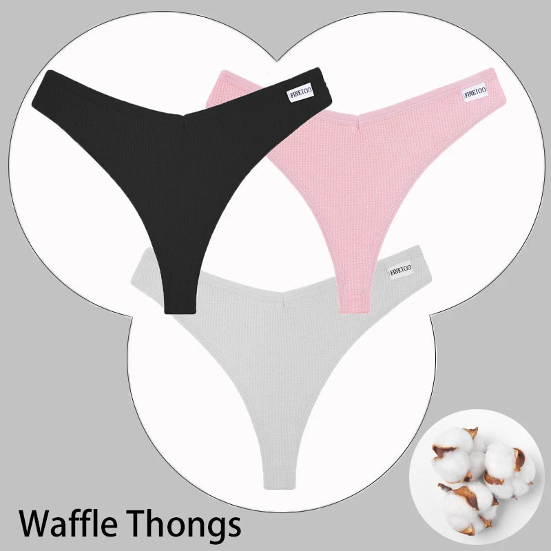 CowLost | activewear-pants-3pcs-cotton-waffle-women-s-sexy-thong-panties-set |47