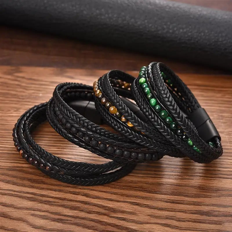 CowLost | badge-pass-holders-mens-natural-stone-beads-multilayer-leather-bracelet-with-magnetic-clasp |9