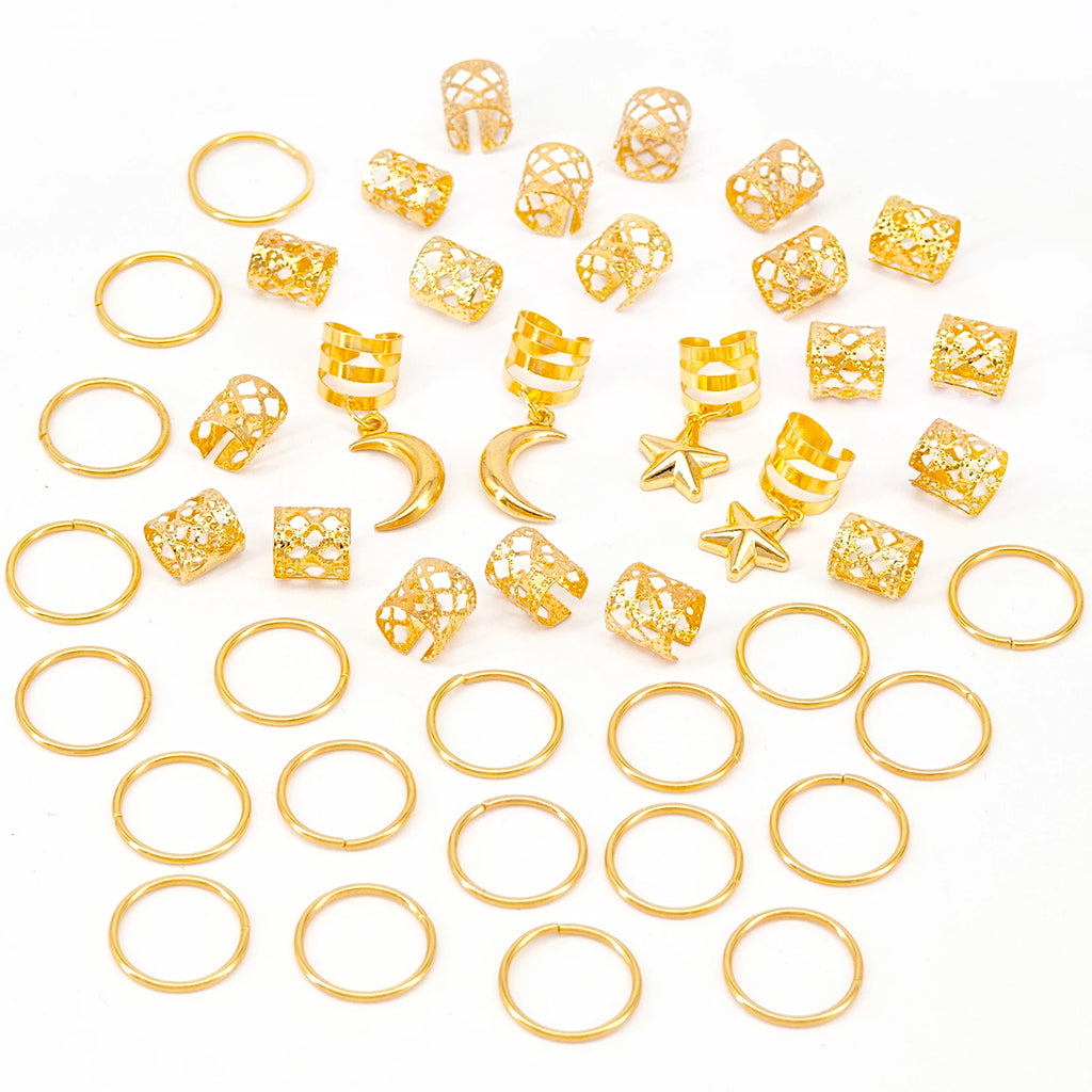 CowLost | 44pcs-stars-moon-combination-fashion-metal-cutout-dreadlock-hair-rings |9