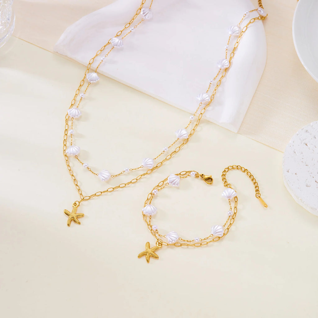 CowLost | ocean-series-stainless-steel-starfish-pendant-necklace-for-women-trendy-summer-beach-double-layer-beads-chain-choker-jewelry |5