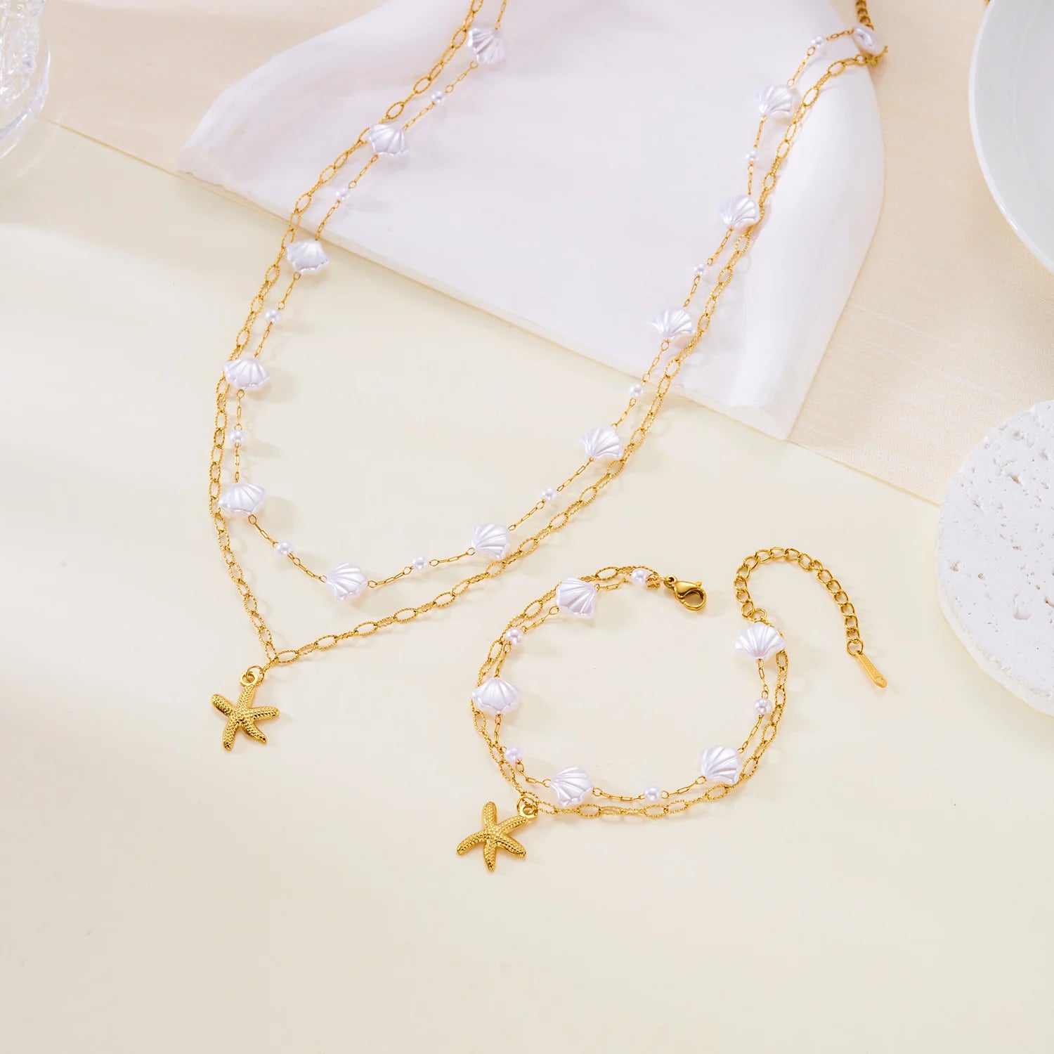 CowLost | ocean-series-stainless-steel-starfish-pendant-necklace-for-women-trendy-summer-beach-double-layer-beads-chain-choker-jewelry |5