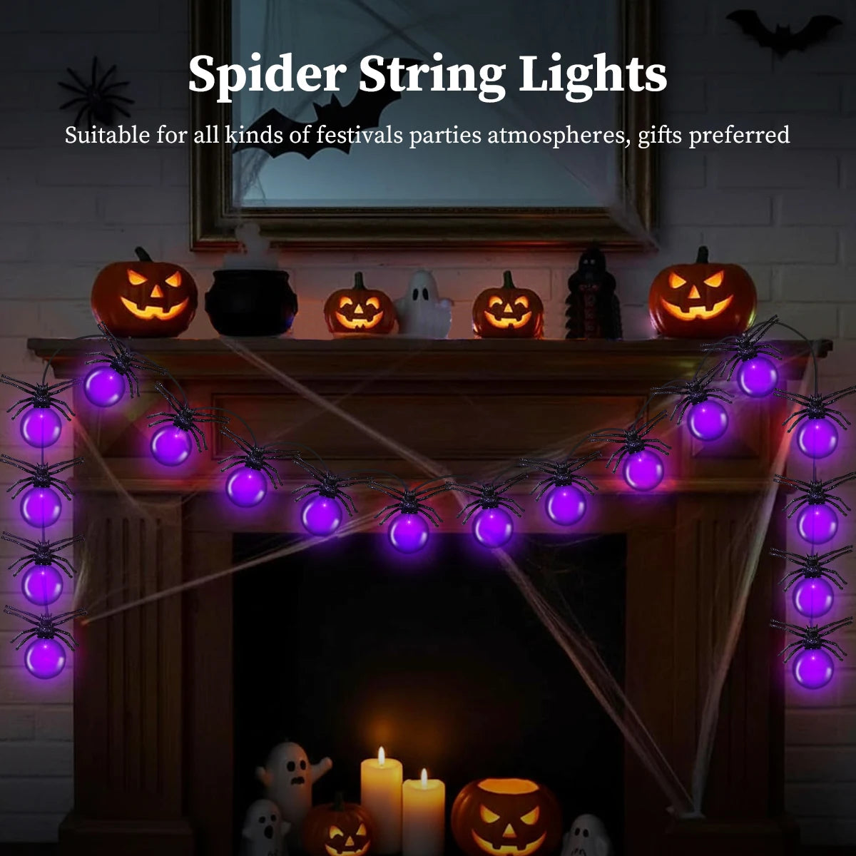 Battery Powered Purple LED Spider String Lights for Halloween and Christmas Decor