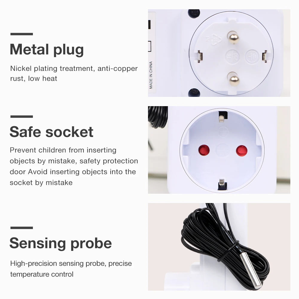 LCD Thermostat Timer Socket 16A EU Plug Temperature Controller with Alarm and Circulation Switch for Heating Cooling