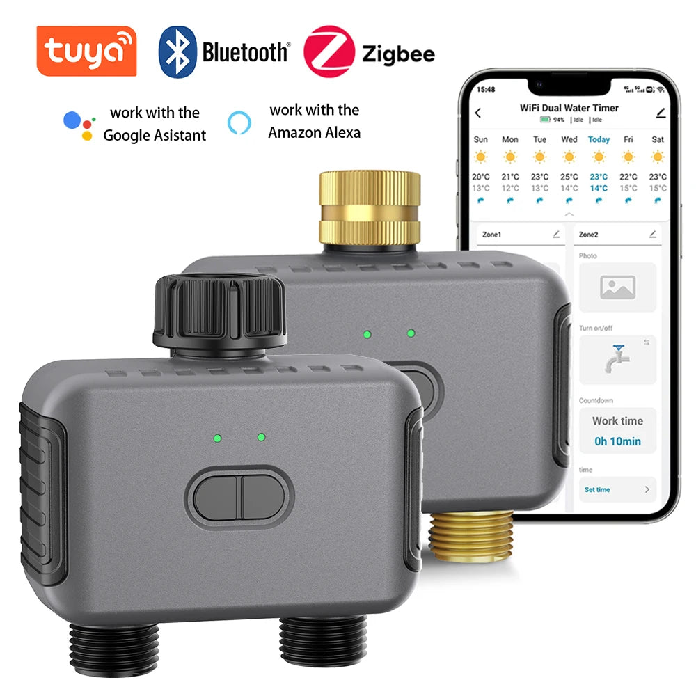 Tuya Smart Dual Water Timer Bluetooth Zigbee Outdoor Garden Irrigation Controller
