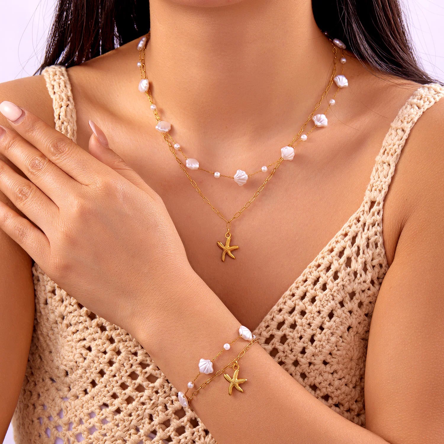 CowLost | ocean-series-stainless-steel-starfish-pendant-necklace-for-women-trendy-summer-beach-double-layer-beads-chain-choker-jewelry |2