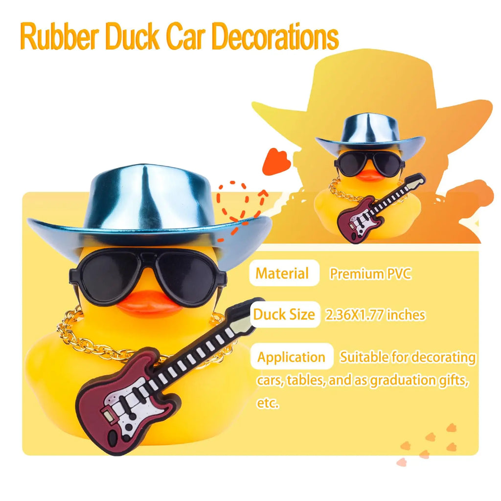 CowLost | product_id-yellow-rubber-duck-car-dashboard-decoration-with-cowboy-hat-necklace-sunglasses-and-mini-musical-instrument |2