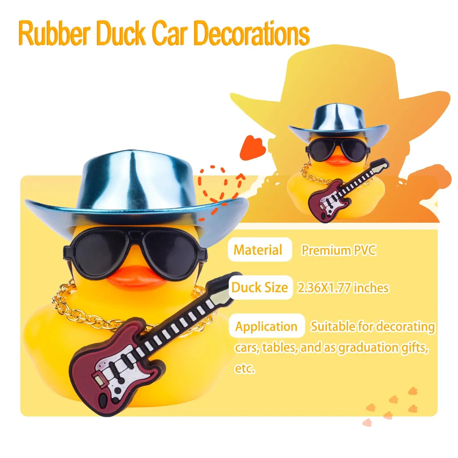 CowLost | product_id-yellow-rubber-duck-car-dashboard-decoration-with-cowboy-hat-necklace-sunglasses-and-mini-musical-instrument |2
