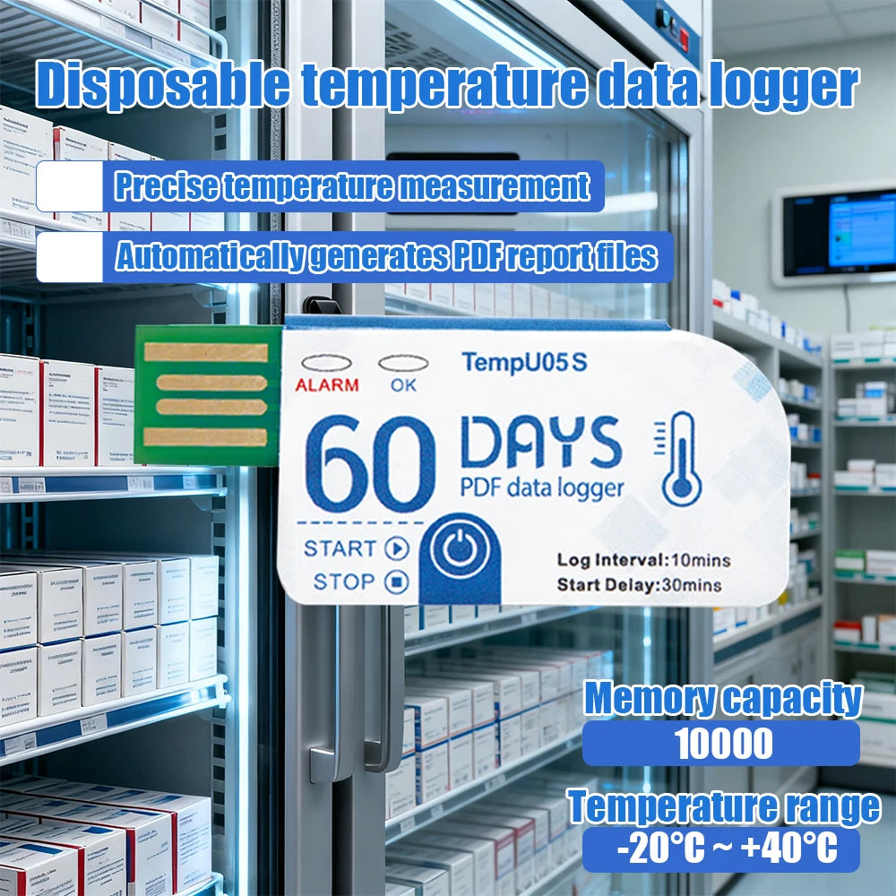 TempU05S USB Temperature Data Logger 60-Day Disposable 10000-Point PDF Report Cold Chain Recorder