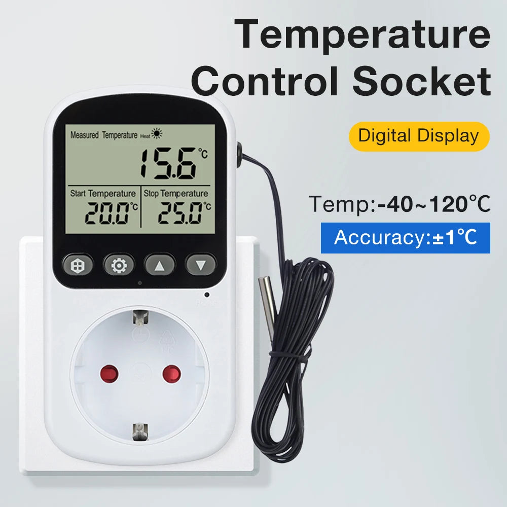 Full View LCD Thermostat Socket 16A 230V Temperature Controller EU Plug Heating Cooling Regulator with Sensor