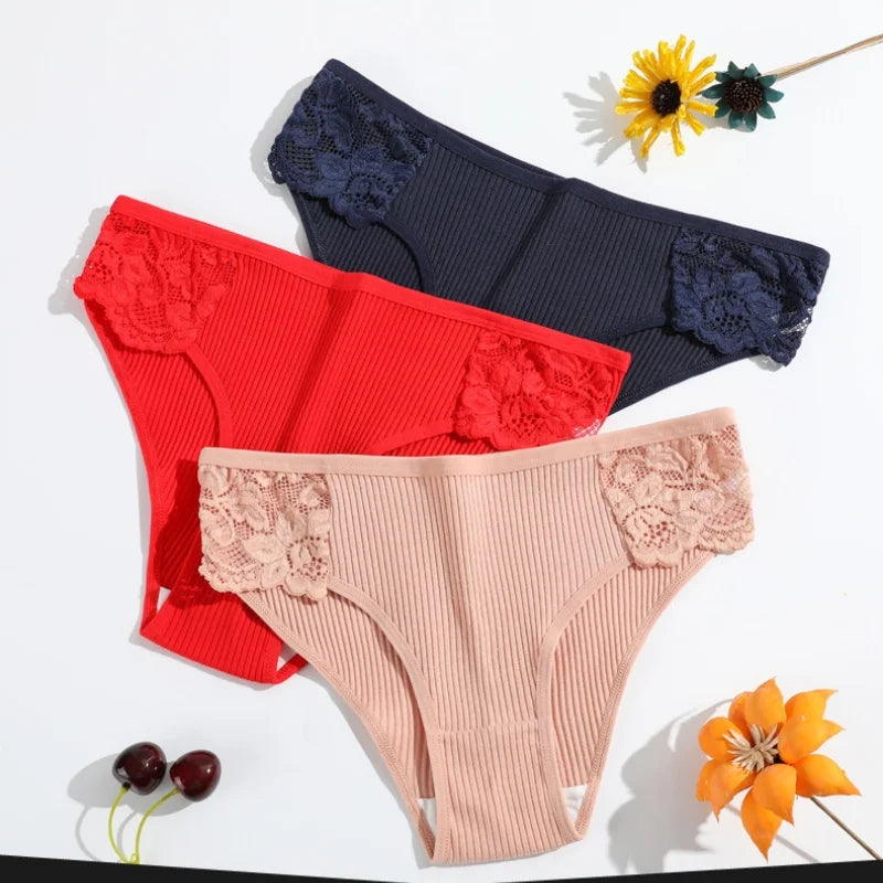 CowLost | product_id-3pcs-womens-cotton-lace-trim-low-rise-breathable-briefs-solid-panties |1