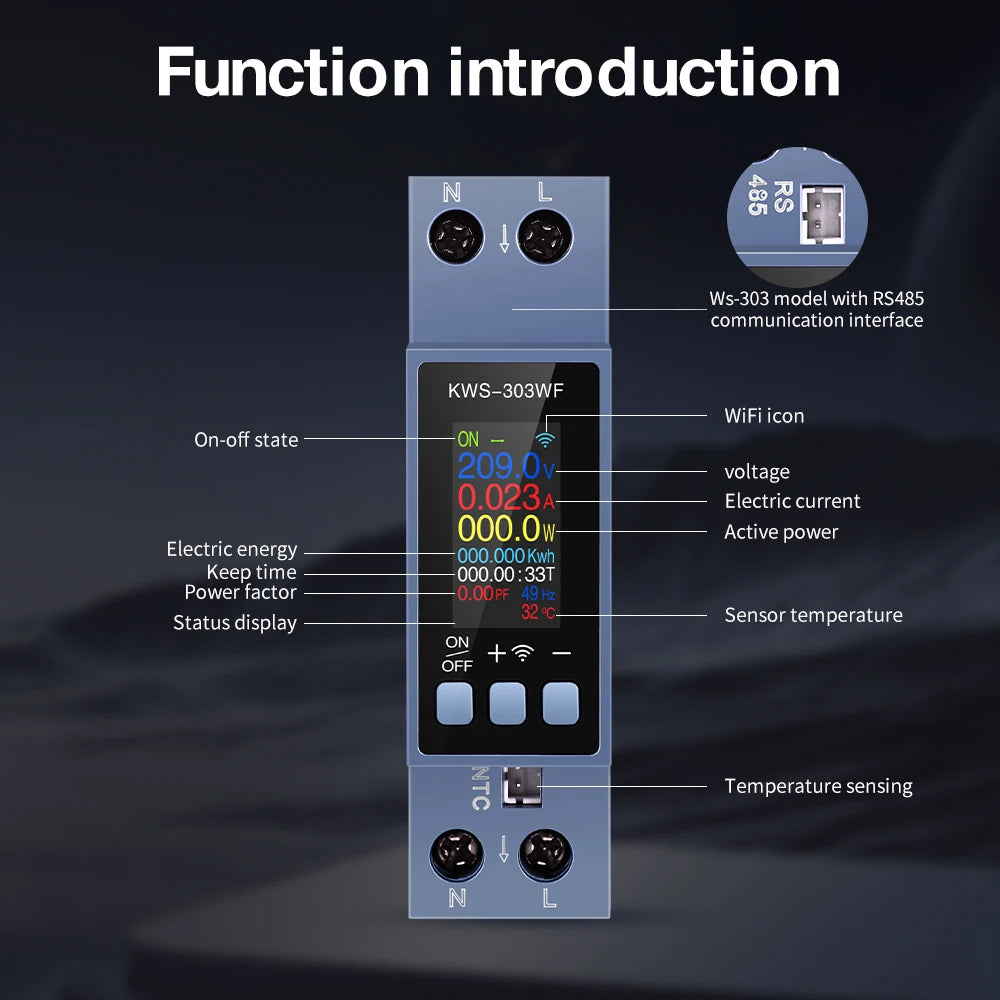 KWS-303 8-in-1 Multifunctional Din Rail Power Meter Smart Switch 85-290V AC Energy Meter