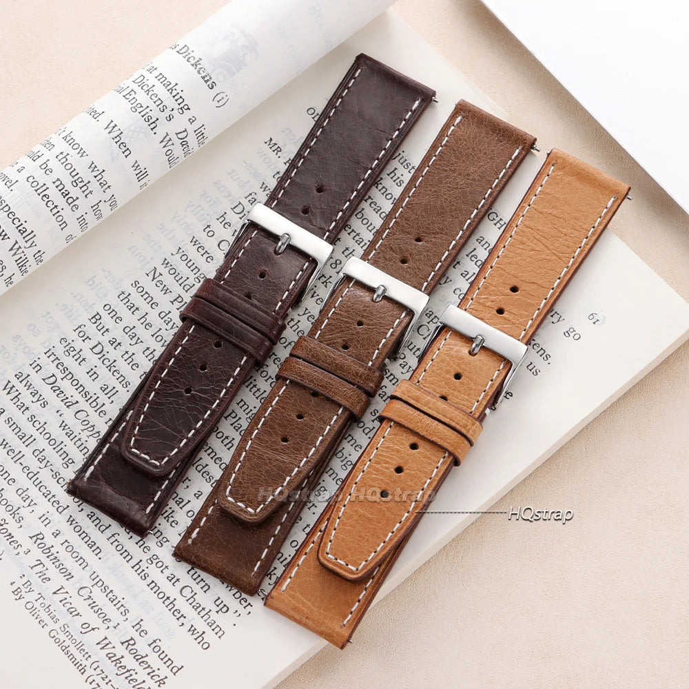 HQstrap Leather Watchband for Seiko 20mm 22mm with Steel Pin Buckle Vintage Strap