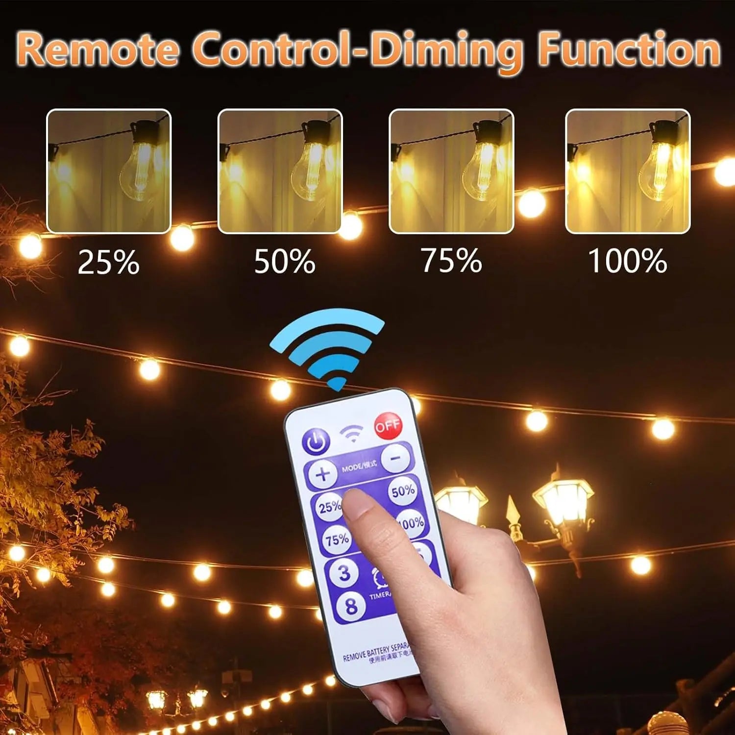 G40 Solar Globe String Lights Outdoor, 8 Modes, USB Charge, Remote, Waterproof for Balcony Wedding