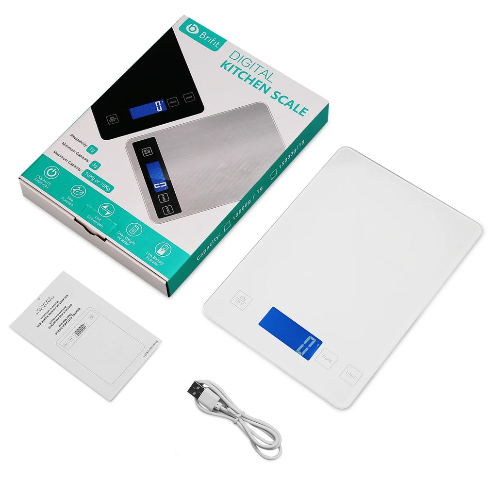 Digital Kitchen Scale 1g-10kg Waterproof Tempered Glass High Accuracy Multi-Function