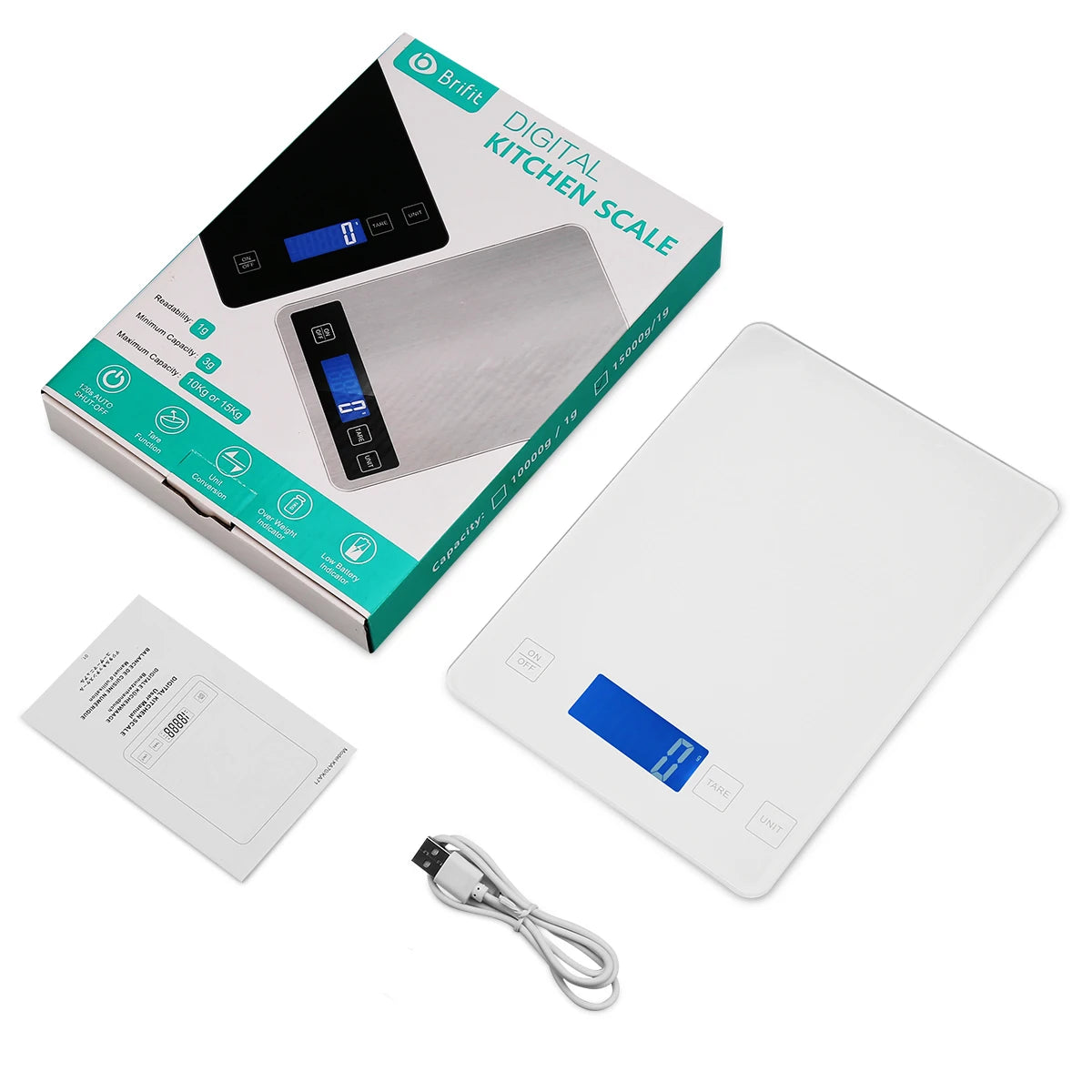Digital Kitchen Scale 1g-10kg Waterproof Tempered Glass High Accuracy Multi-Function