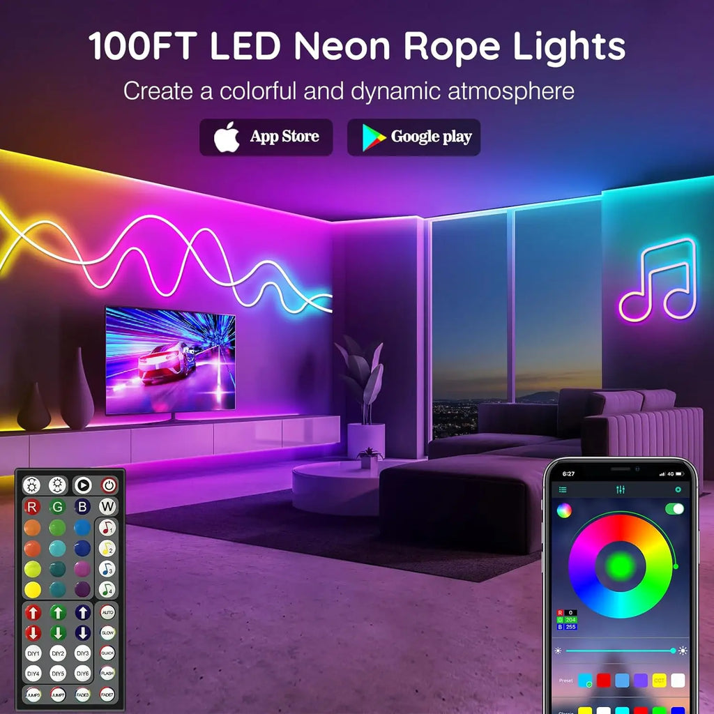 Mexllex 30M/20M RGB Neon Light Strip Waterproof with APP & Remote, Music Sync for Bedroom & Outdoors