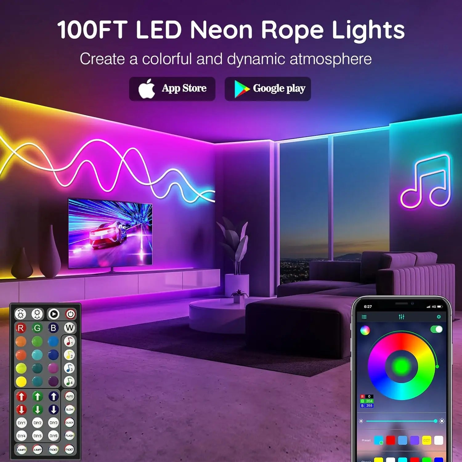 Mexllex 30M/20M RGB Neon Light Strip Waterproof with APP & Remote, Music Sync for Bedroom & Outdoors