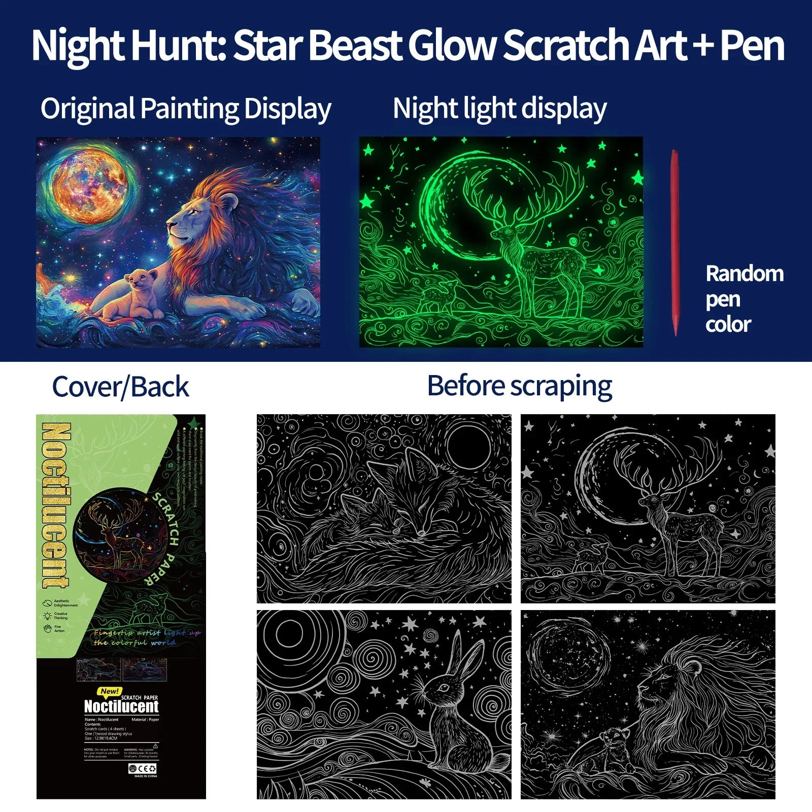 CowLost | product_id-4-pcs-a4-diy-luminous-scratch-painting-set-animal-butterfly-whale-landscape-night-view |26