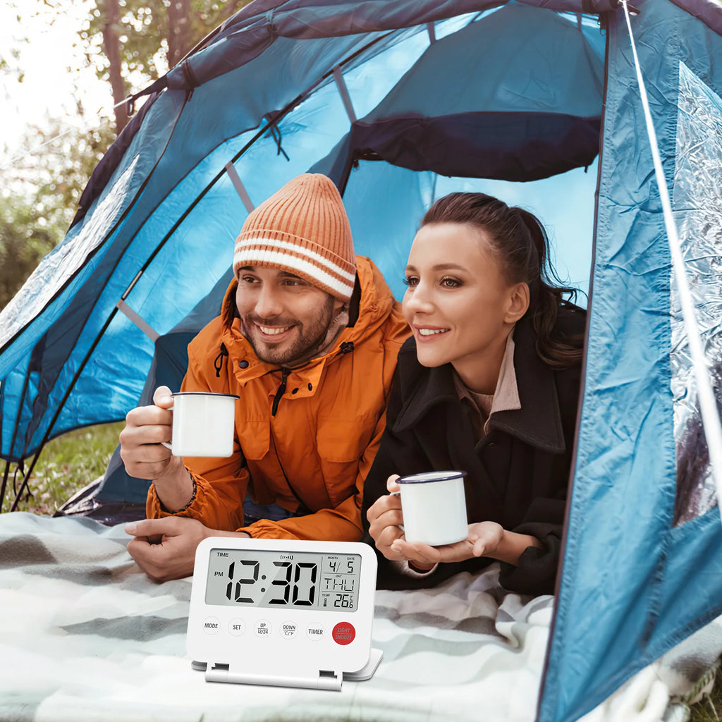ORIA Digital Foldable LCD Alarm Clock with Calendar, Temperature, Timer – Battery Operated for Travel, Home, Office