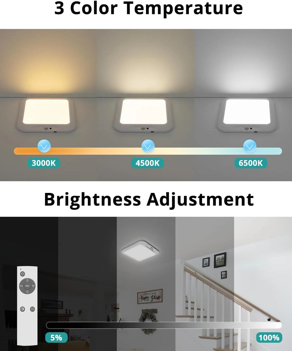 Rechargeable Battery Ceiling Light with Motion Sensor, Wireless Indoor Shower Lamp, Remote Control, 3000K-6500K