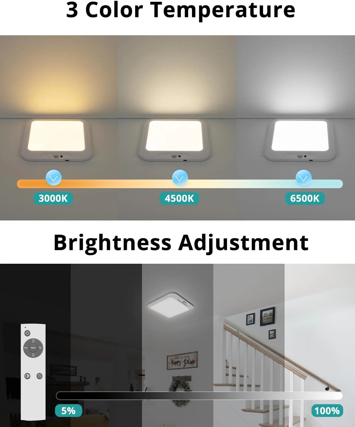 Rechargeable Battery Ceiling Light with Motion Sensor, Wireless Indoor Shower Lamp, Remote Control, 3000K-6500K