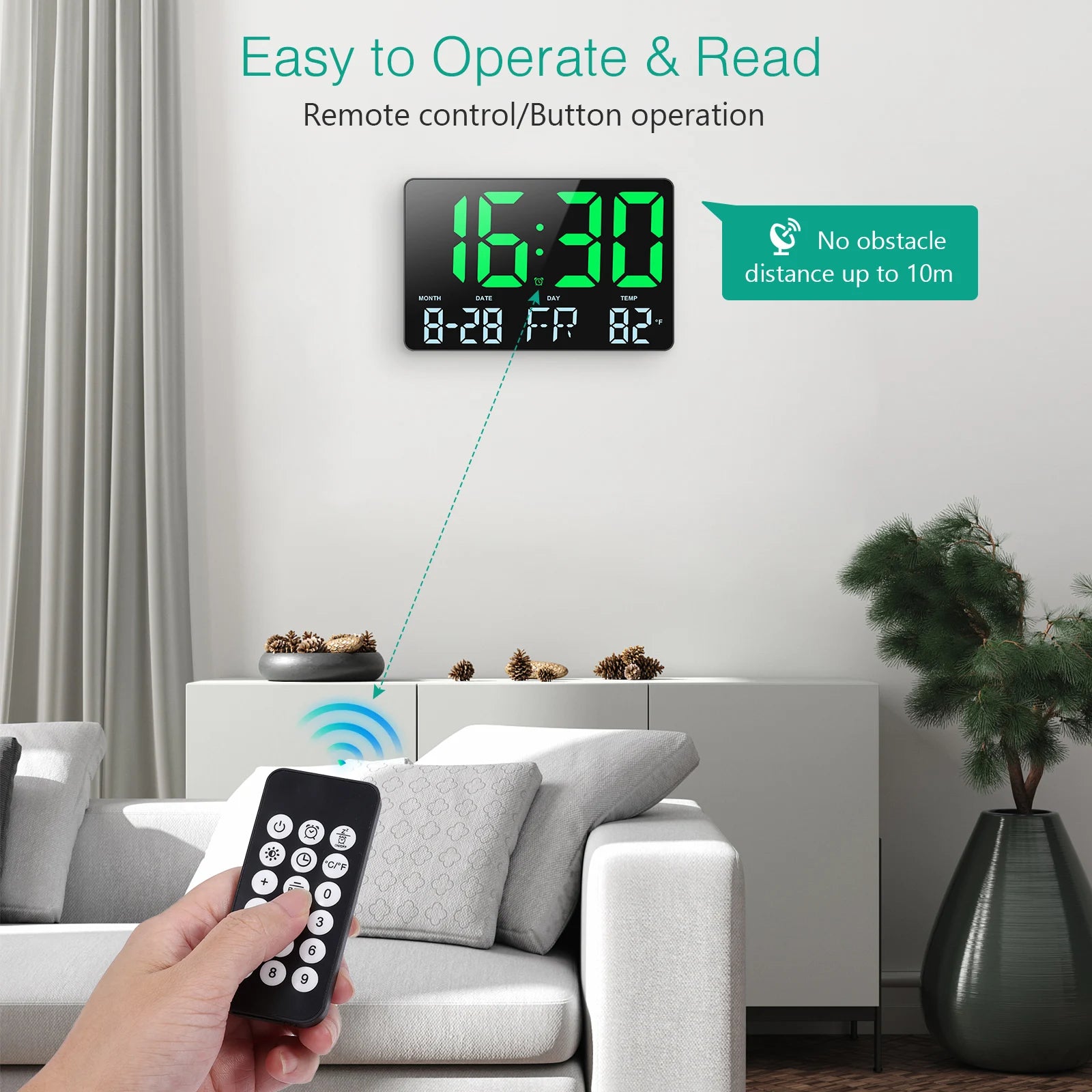 ORIA 11.5" Large USB Powered Digital LED Wall Clock with Calendar, 12/24H Time, Alarm, and Temp Display