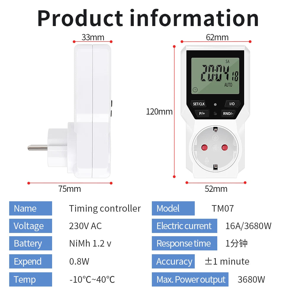 JUANJUAN Digital Programmable Timer Switch EU Plug LCD Display 10-Group Surge Protector 16A 3680W
