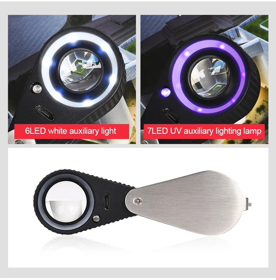 CowLost | 10x-20x-30x-40x-magnifier-loupe-with-dual-light-white-uv-led-illuminated-magnifier-jewelry-diamond-gemstone-eye-glass-for-repair |8