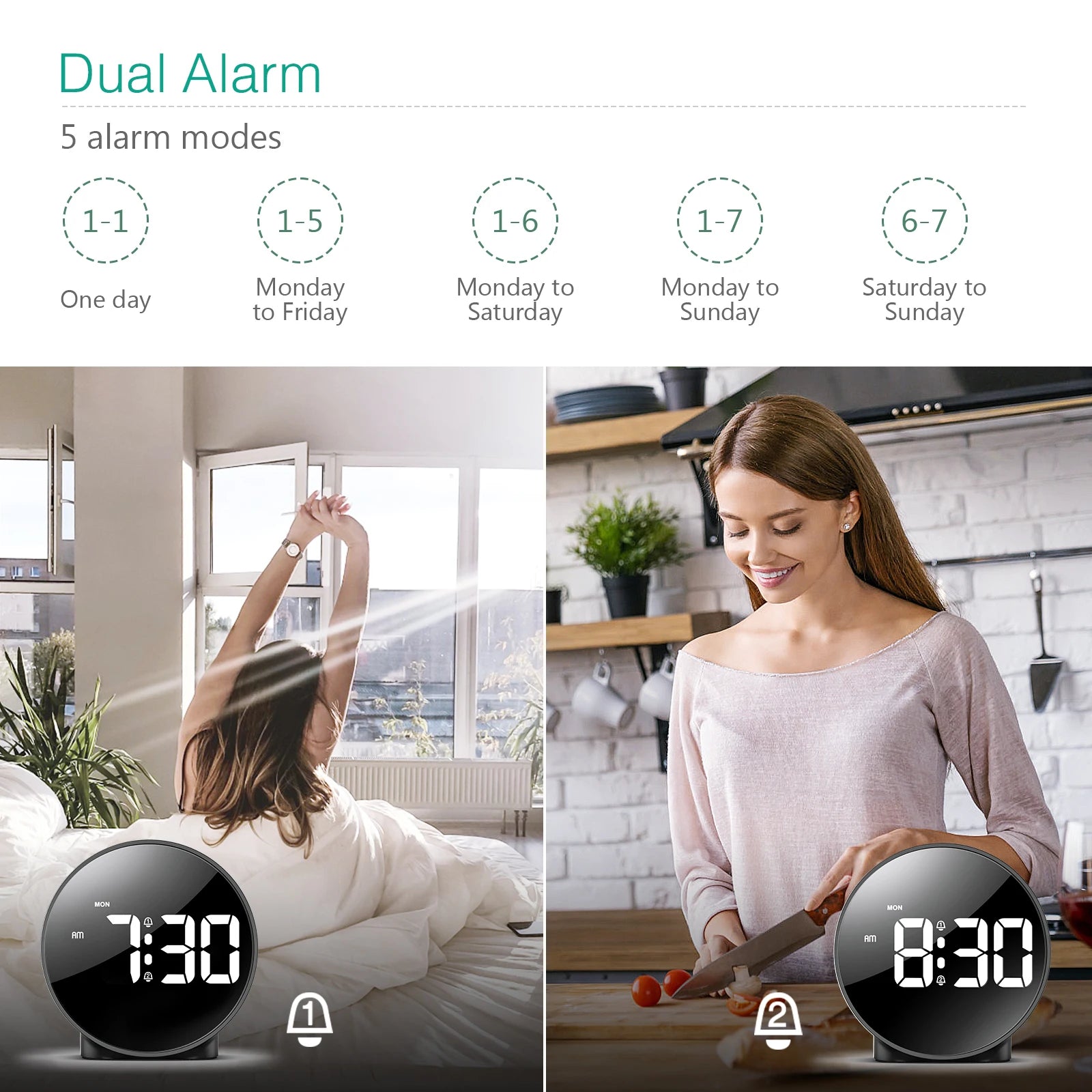 ORIA Digital LED Alarm Clock with Snooze Night Light USB Round Table Clock 3 Colors